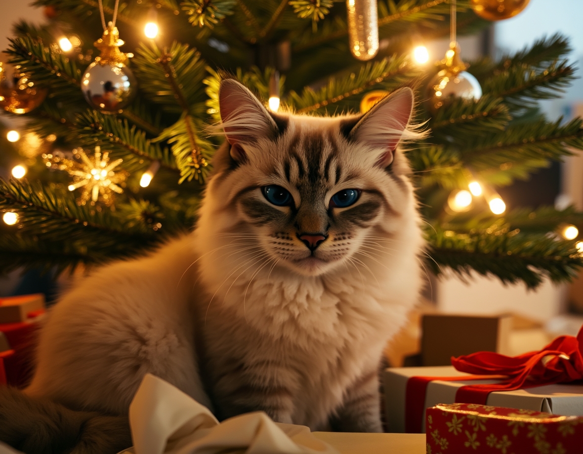 Cat sitting under a beautifully decorated Christmas tree, surrounded by twinkling lights, ornaments, and wrapped presents, with a warm, cozy glow.